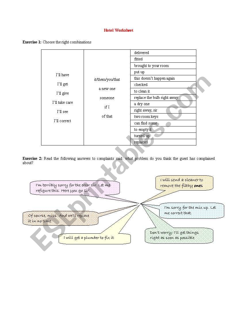 Hotel worksheet worksheet