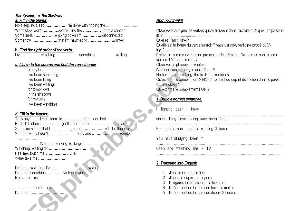 The Rasmus, in the shadows worksheet