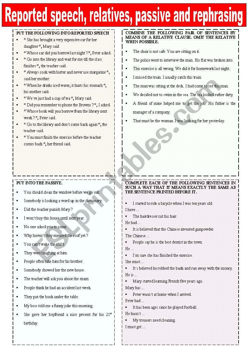 REPORTED SPEECH- RELATIVES - PASSIVE AND REPHRASING