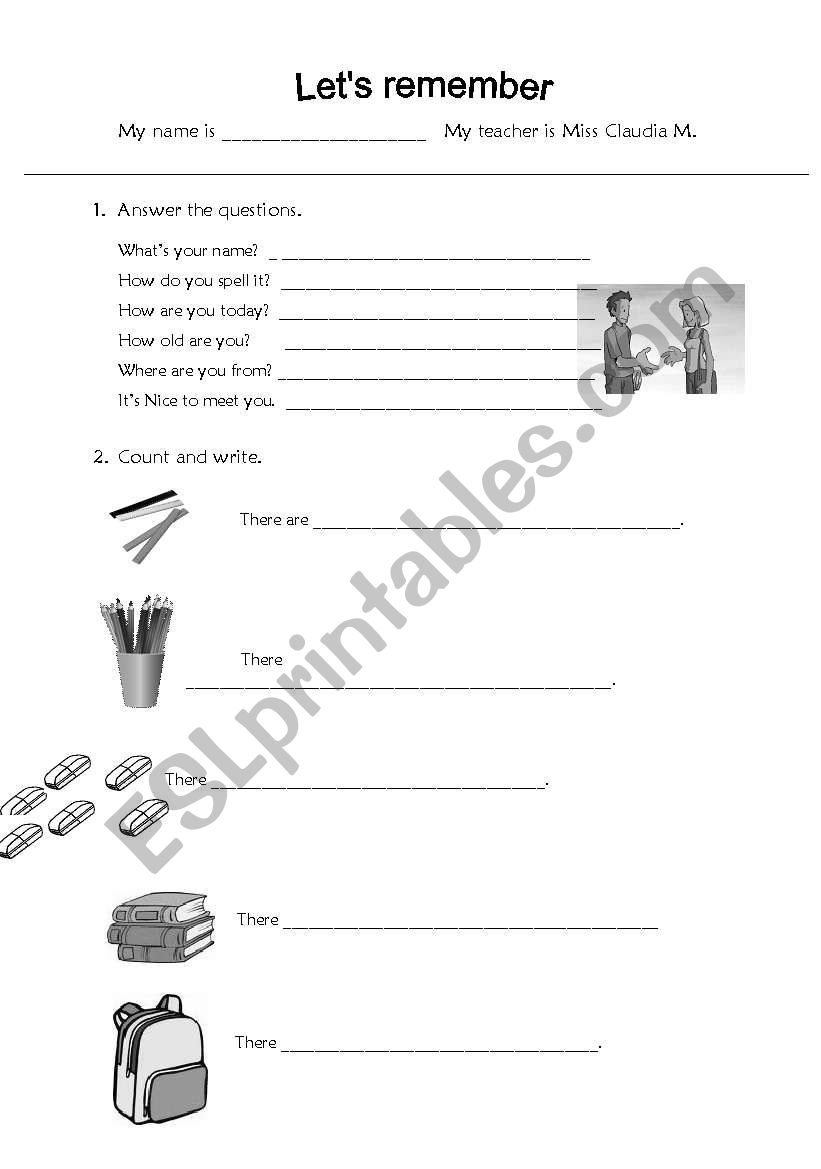 School objects review worksheet