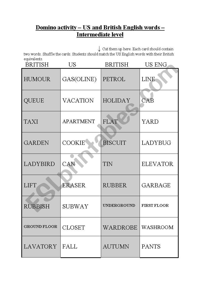 Domino Activity (No. 1) - US and British English