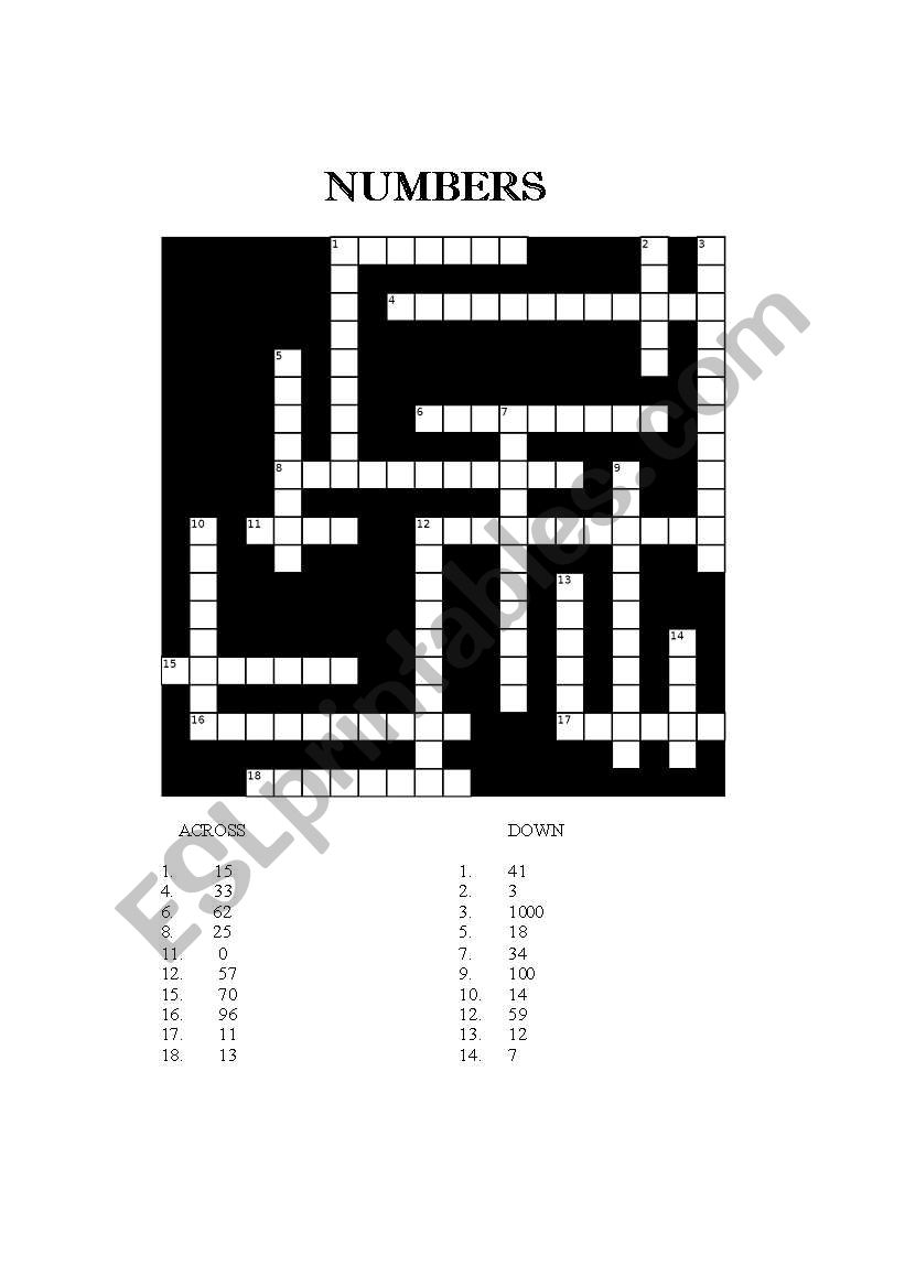 Numbers crossword worksheet