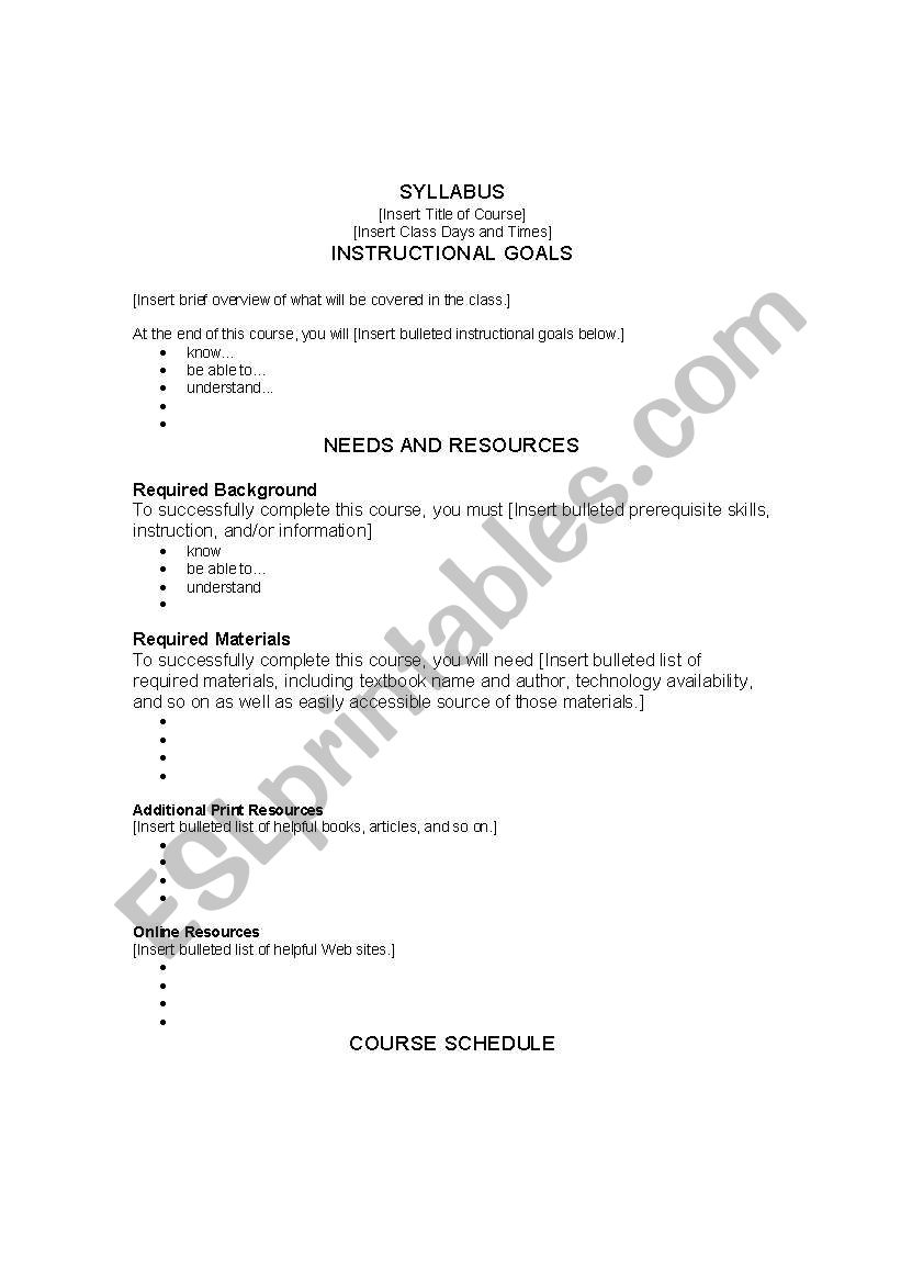 Class Syllabus worksheet