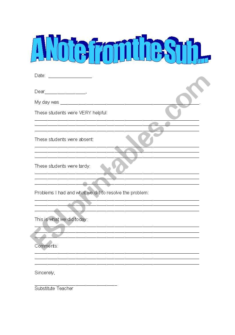 A Note From the Sub worksheet