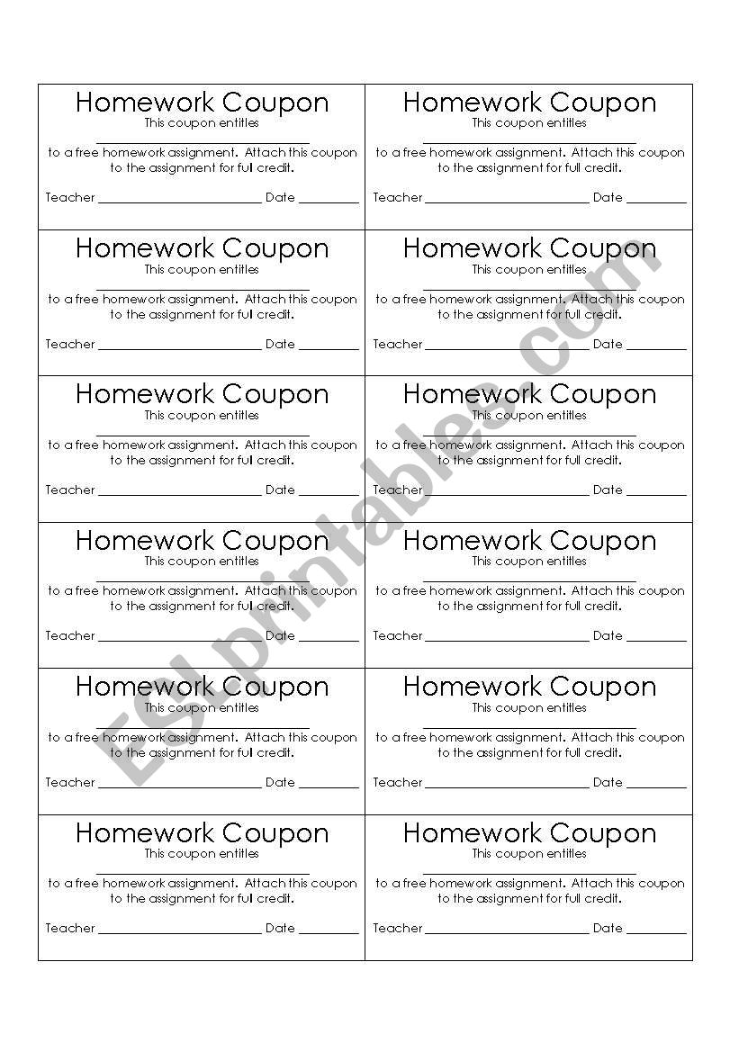 Homework Coupon worksheet