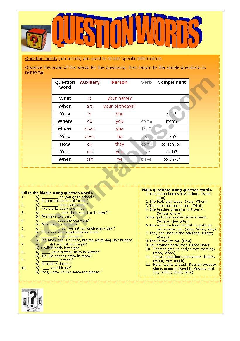 QUESTION WORDS - WH QUESTIONS worksheet