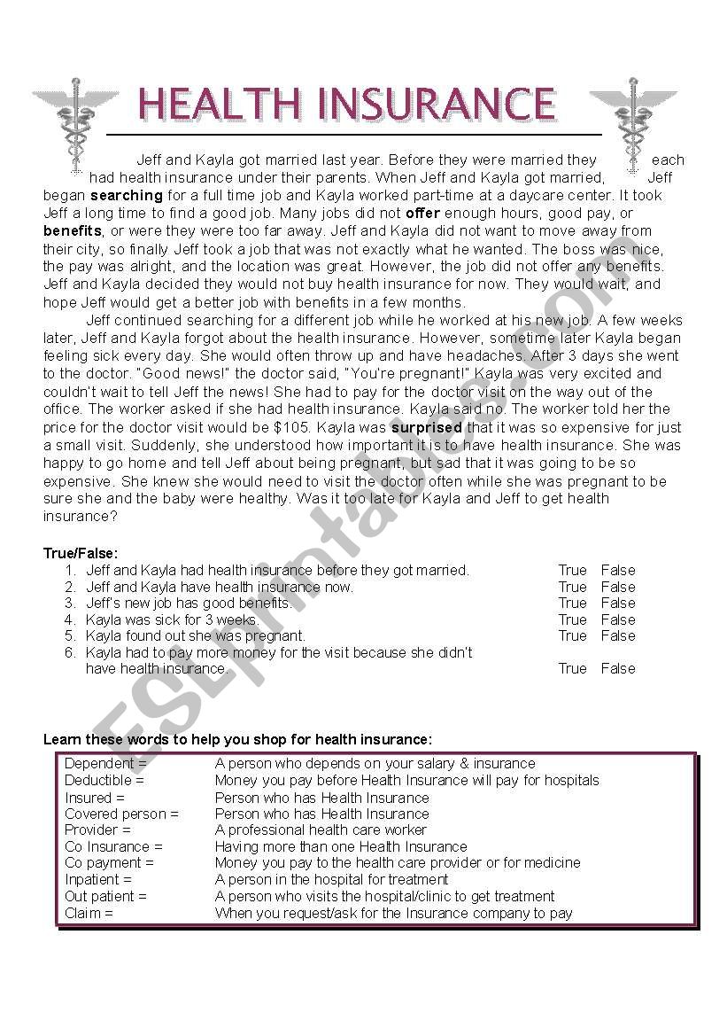 Health Insurance worksheet