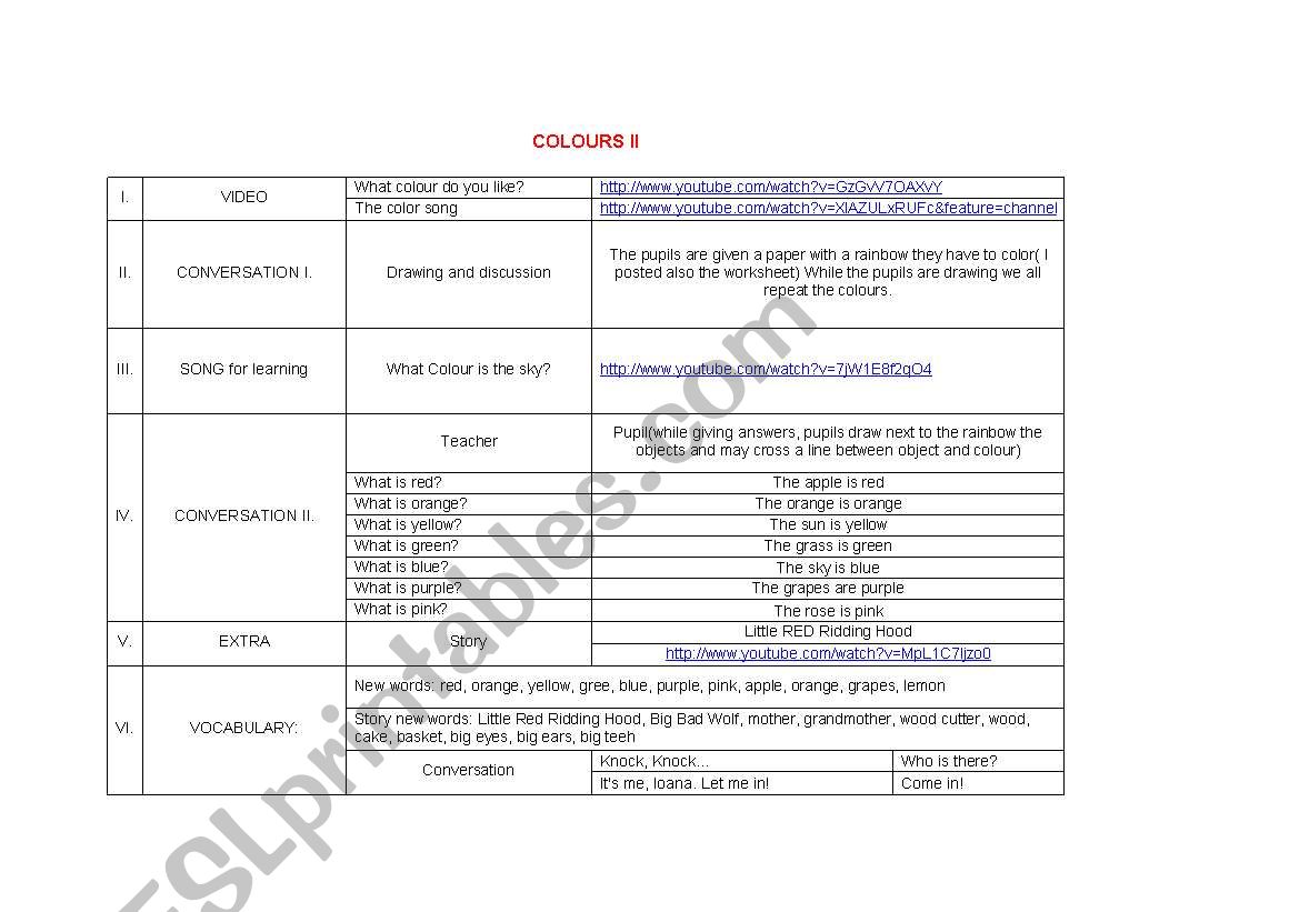 lesson plan colours worksheet