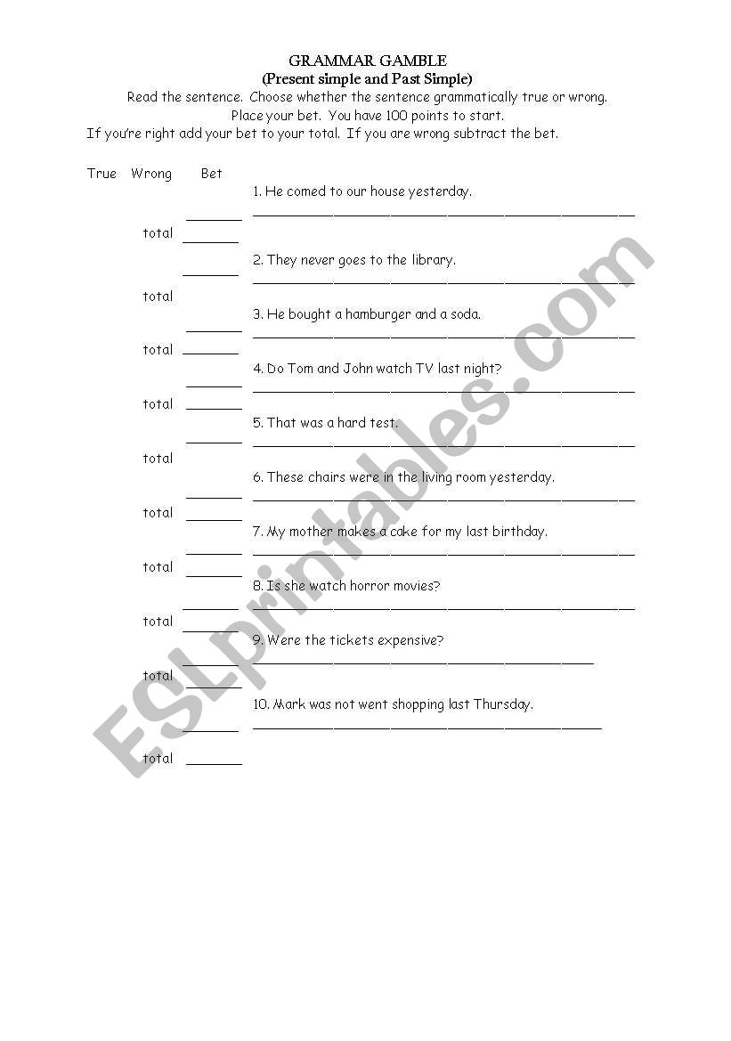 Grammar Gamble worksheet