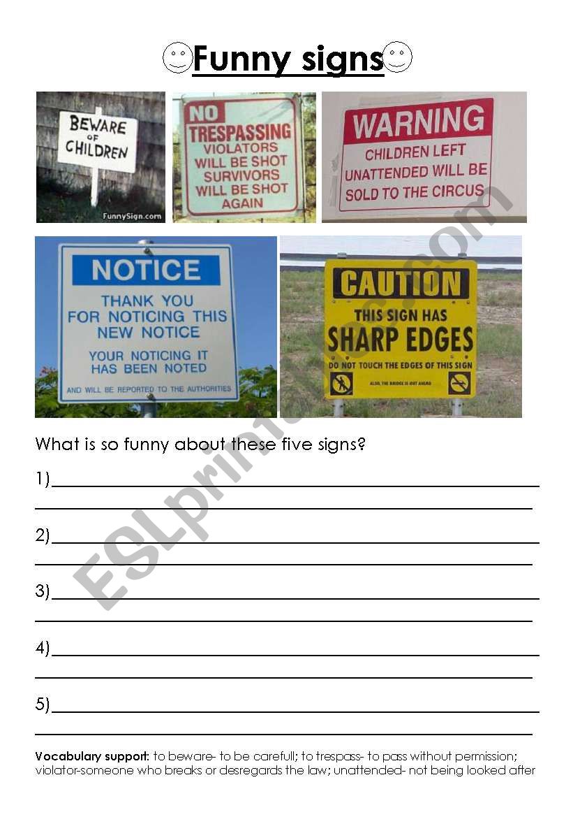 Funny signs worksheet