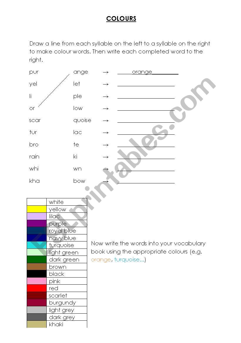 colours worksheet