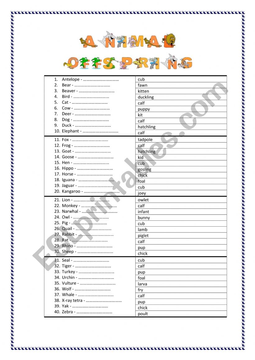 ANIMALS: ANIMAL OFFSPRING worksheet