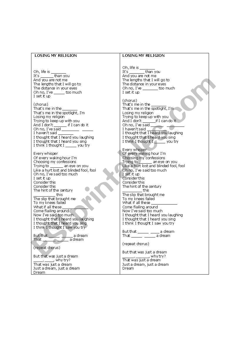 losing my religion worksheet