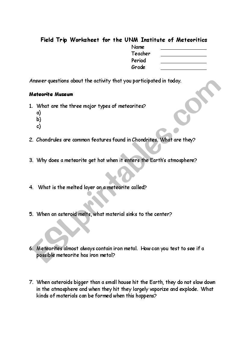 field trip worksheet