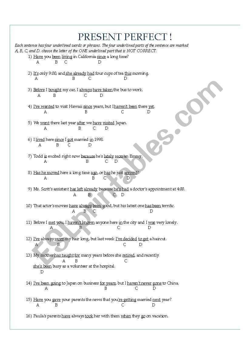 PRESENT PERFET TENSE QUIZ worksheet