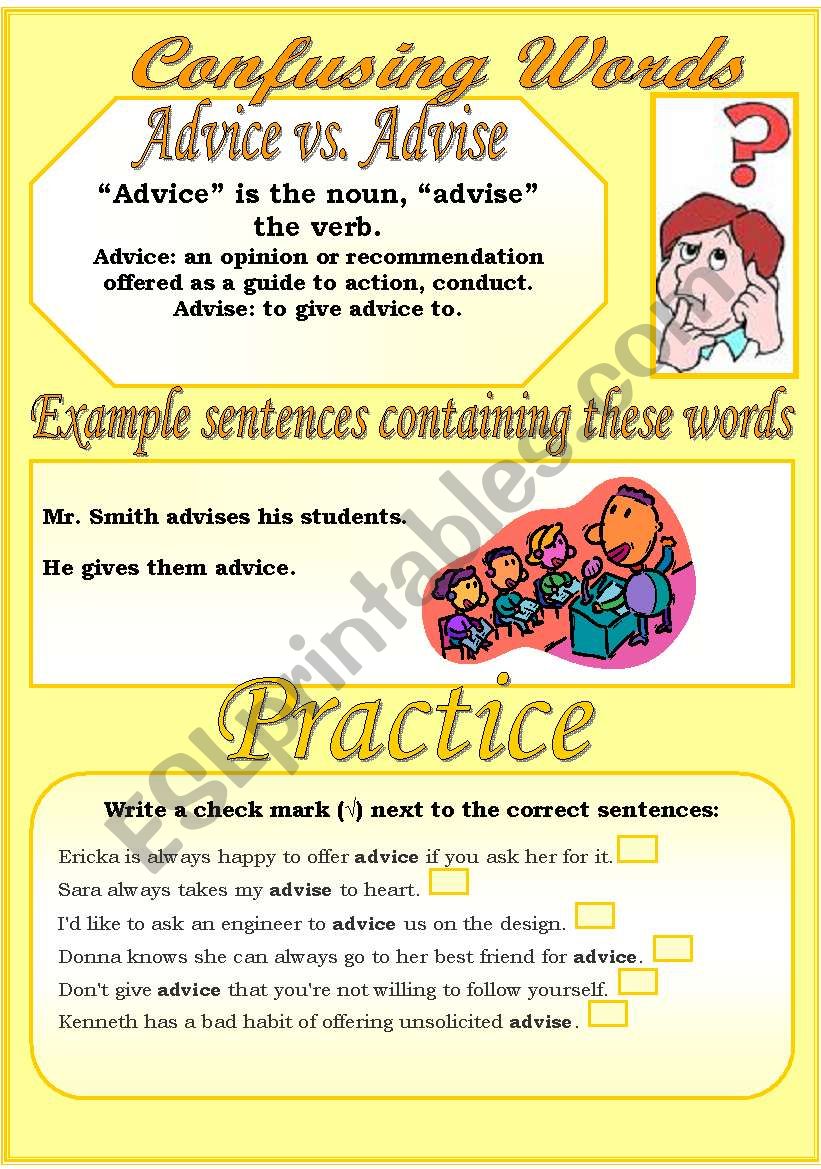 Confusing Words (1)...advice vs. advise...There are many grammatical errors that we, as teachers see every day. If you really want to improve your students English, this is the perfect set for you ;)