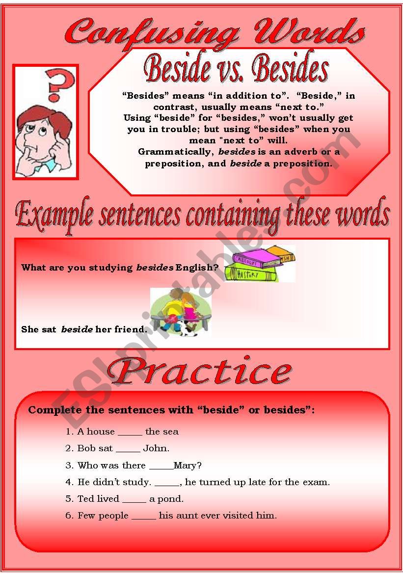 Confusing Words (2)...beside vs. besides...There are many grammatical errors that we, as  teachers see every day. If you really want to improve your students English, this is the perfect set for you ;)