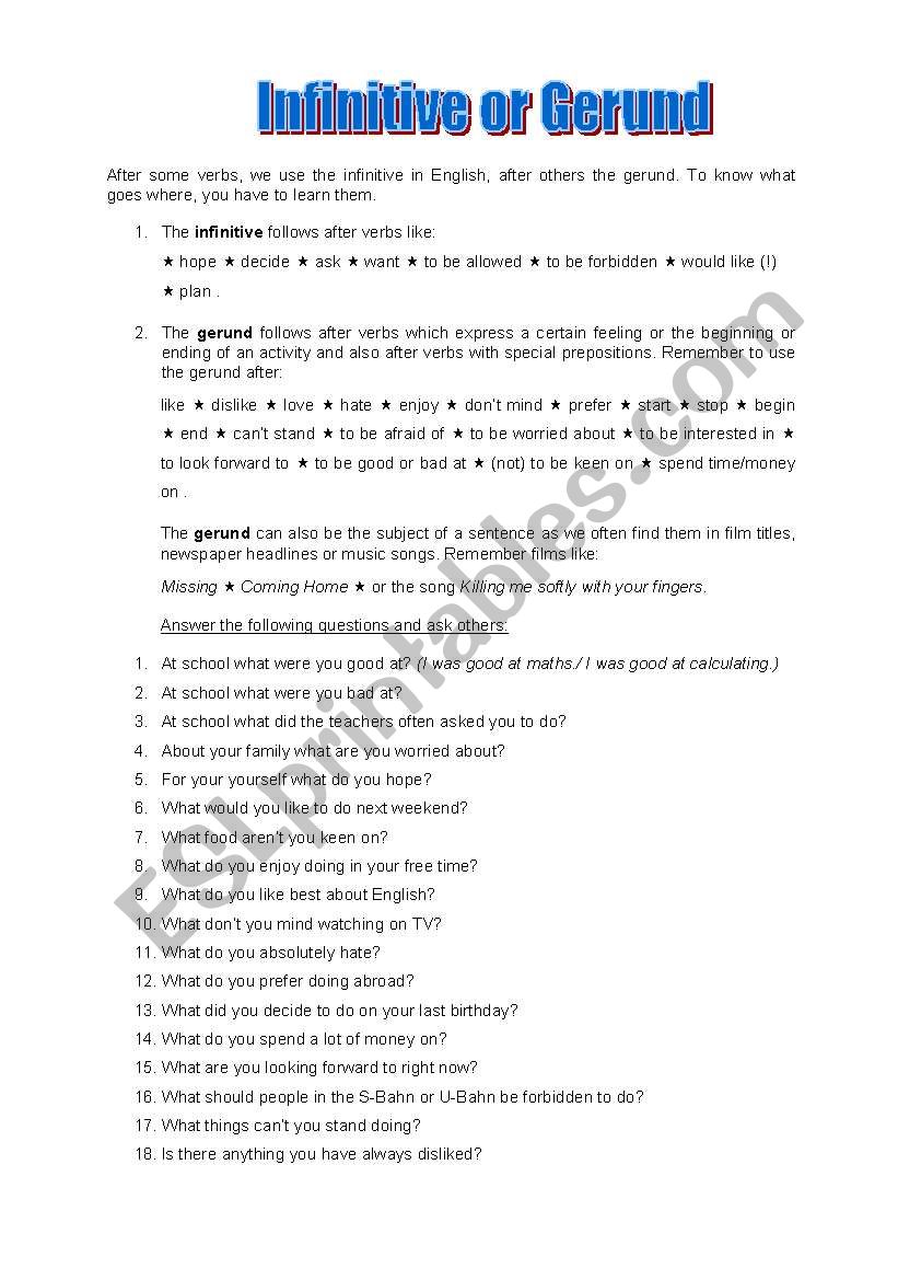 Infinitive or Gerund worksheet