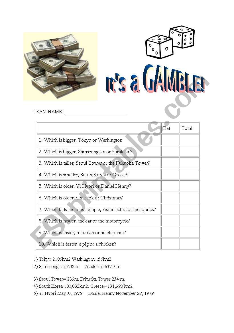 Its a Gamble! worksheet