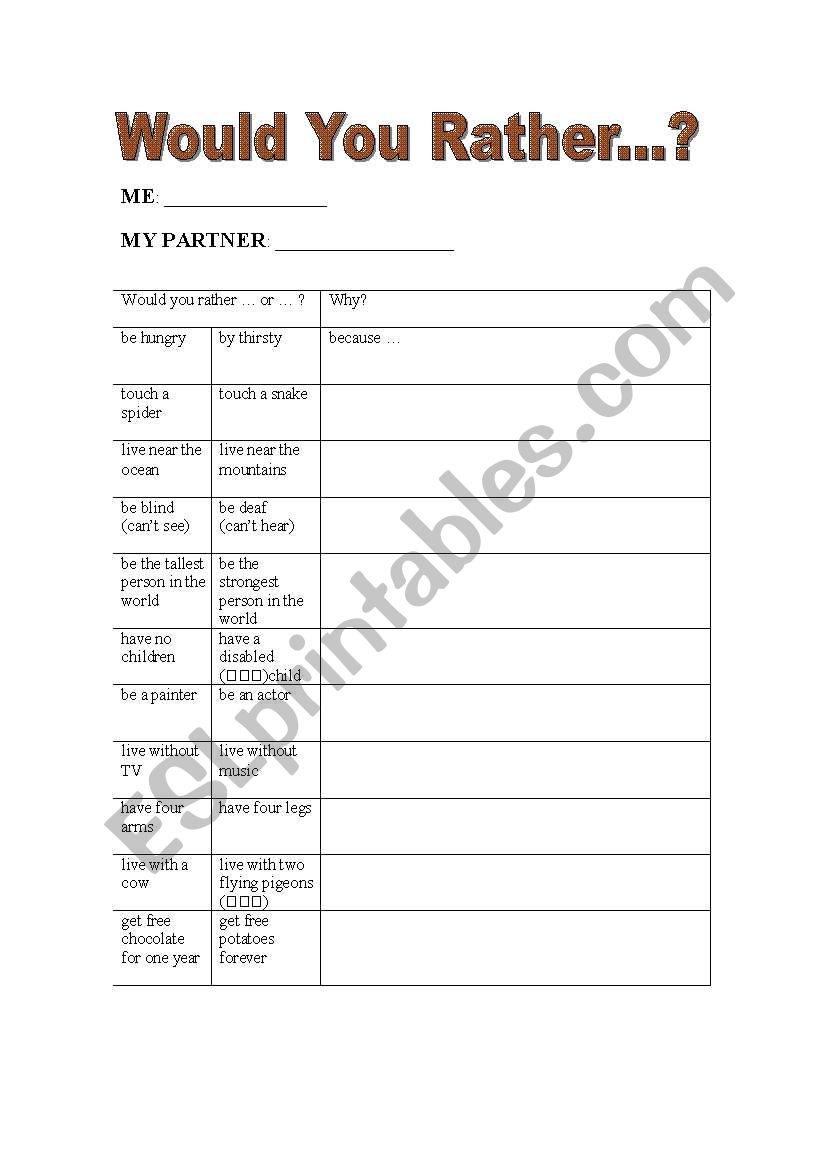 Would you rather....or....? worksheet