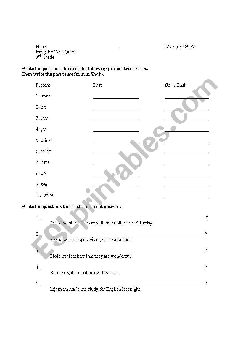Irregular Past Tense Worksheet/Quiz