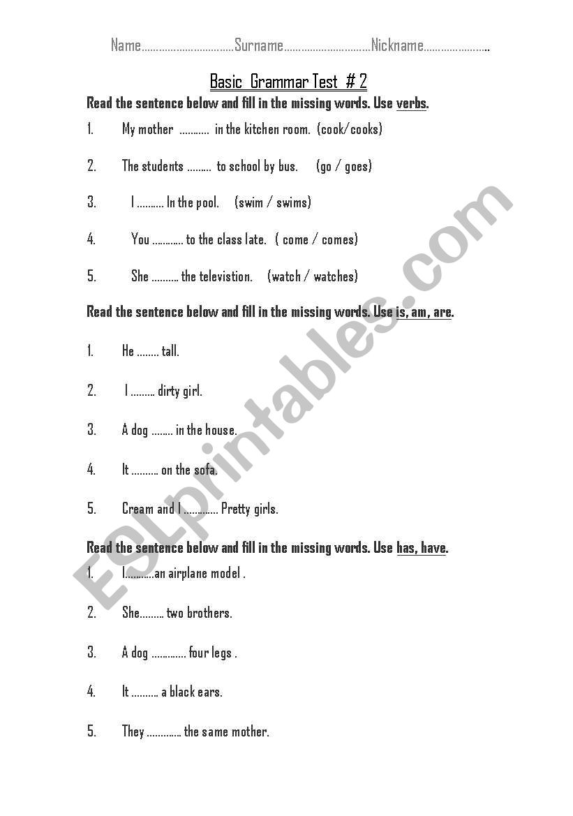 grammar test 2 worksheet