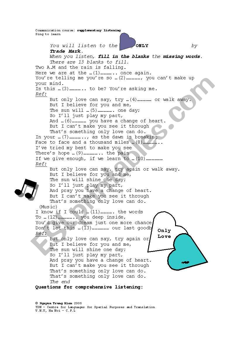 Song lyrics - Sing to Learn worksheet