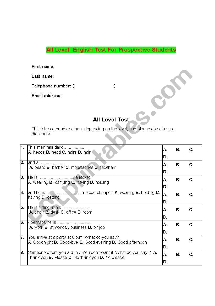 level test worksheet