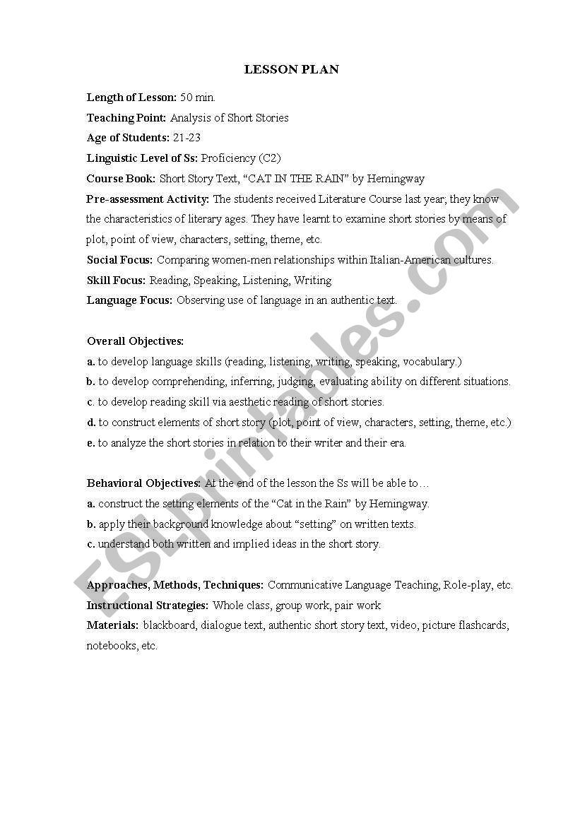 English Worksheets Lesson Plan Cat In The Rain By Hemingway