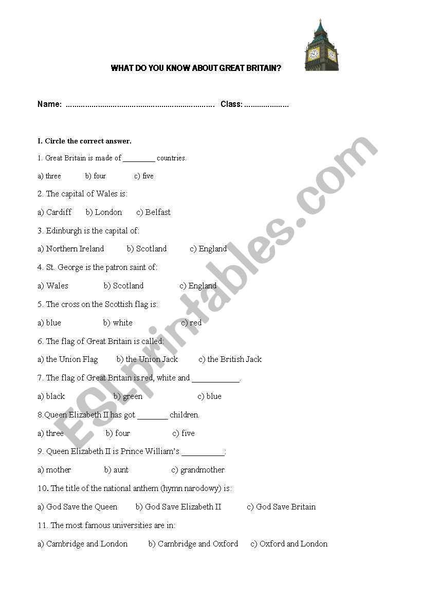 QUIZ ABOUT GREAT BRITAIN worksheet