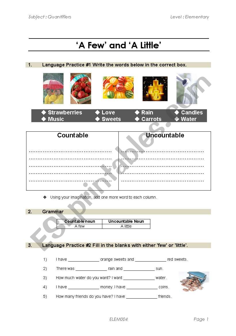 Countable & Uncountable nouns with Few and Little