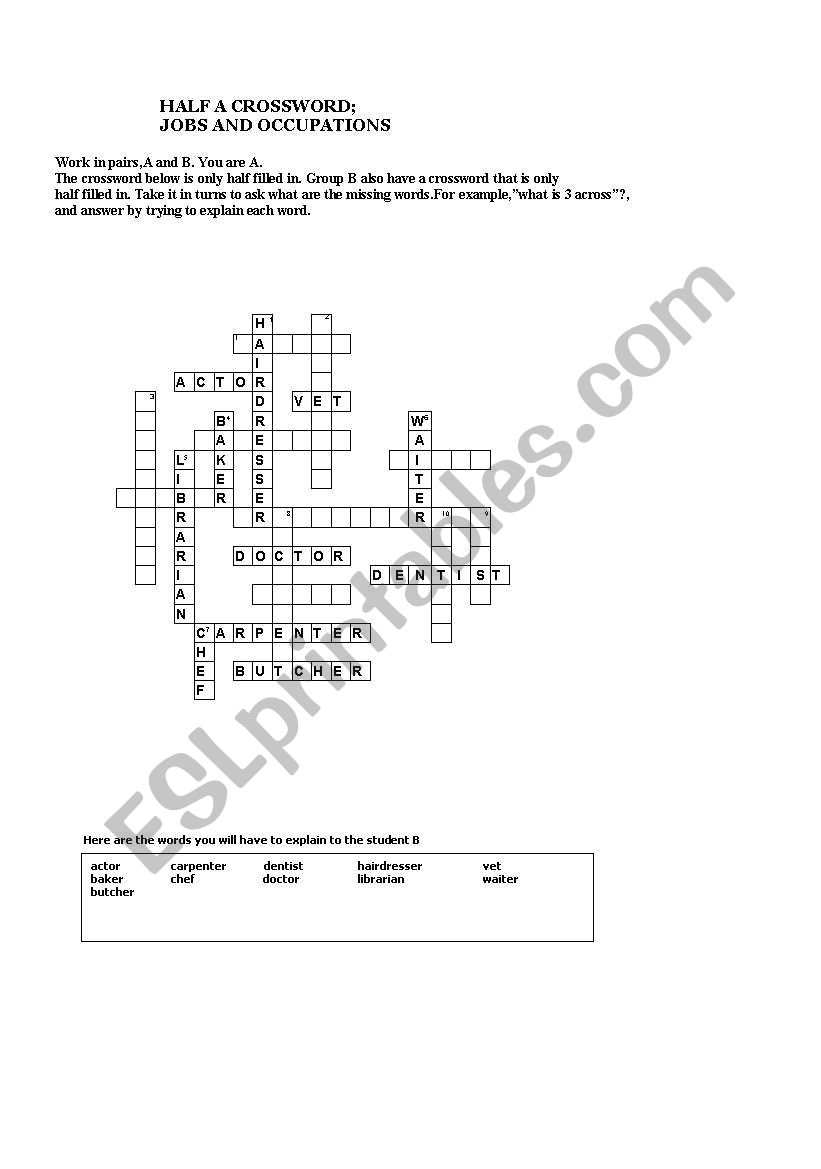 crossword jobs worksheet