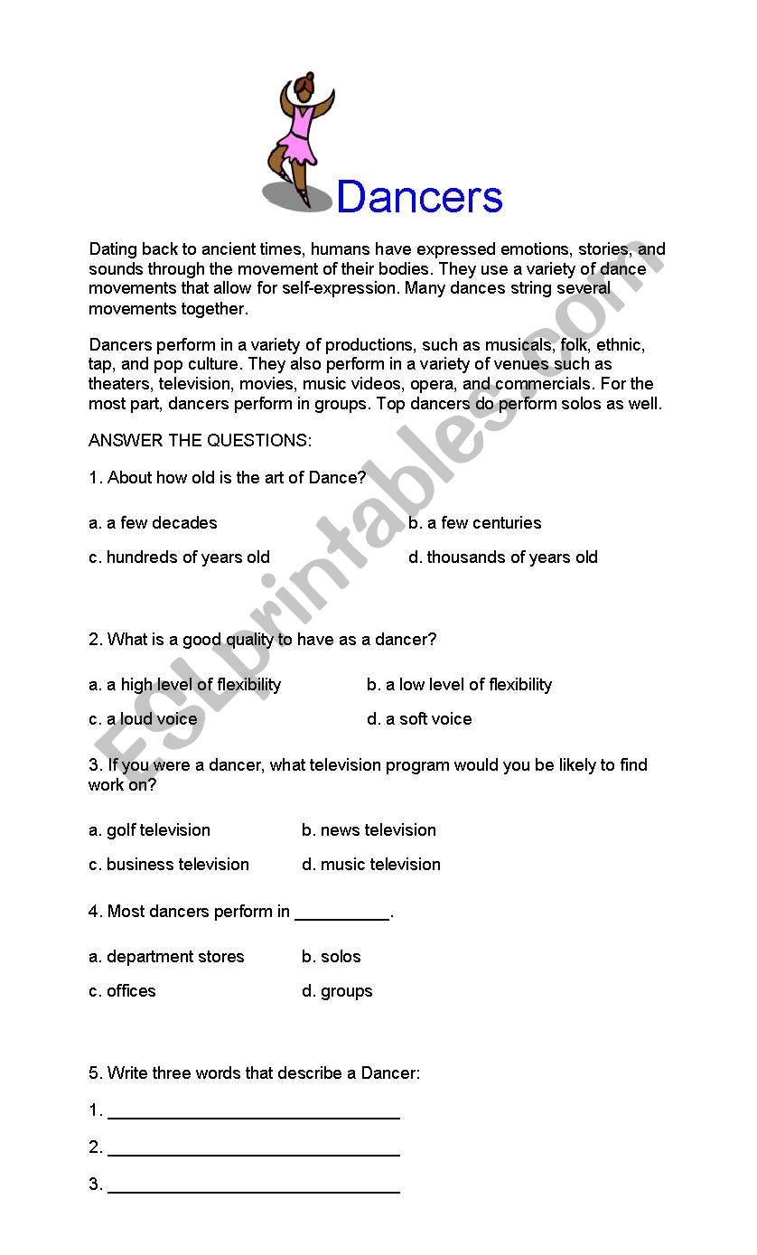 dancer reading comprehension worksheet