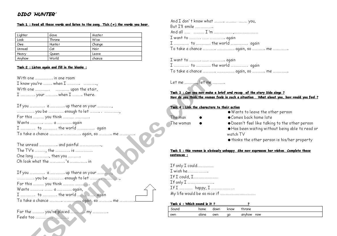 Song : Dido, Hunter worksheet