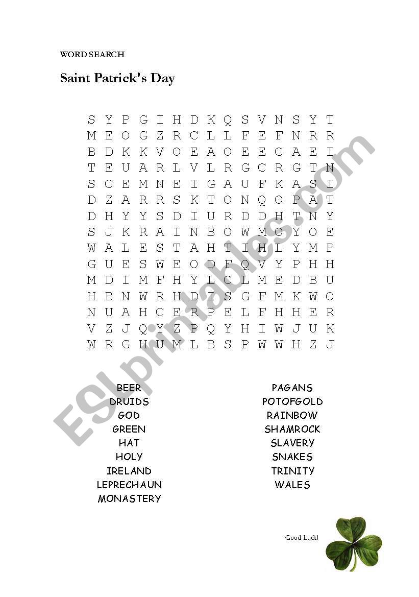 St Patricks word search worksheet