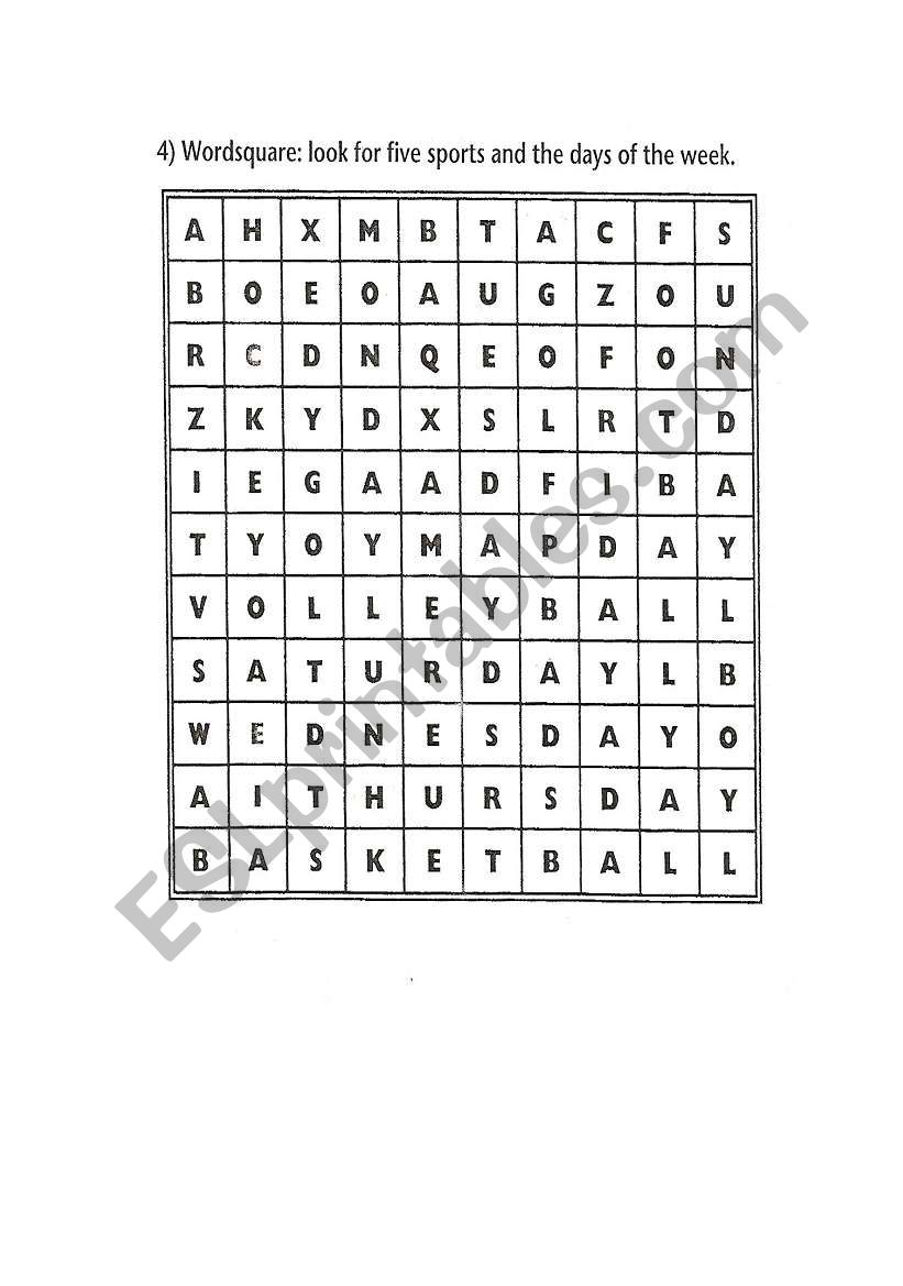 days and sports crossword worksheet