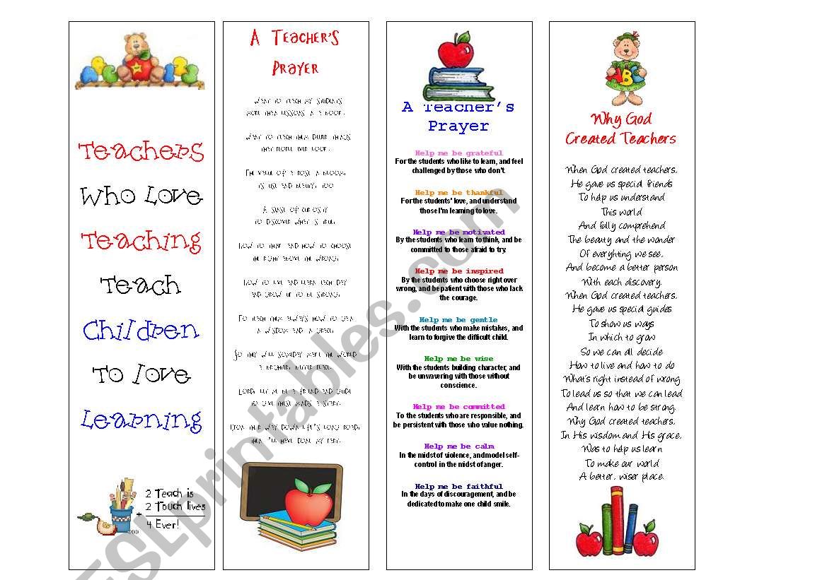 Bookmarks for teachers worksheet