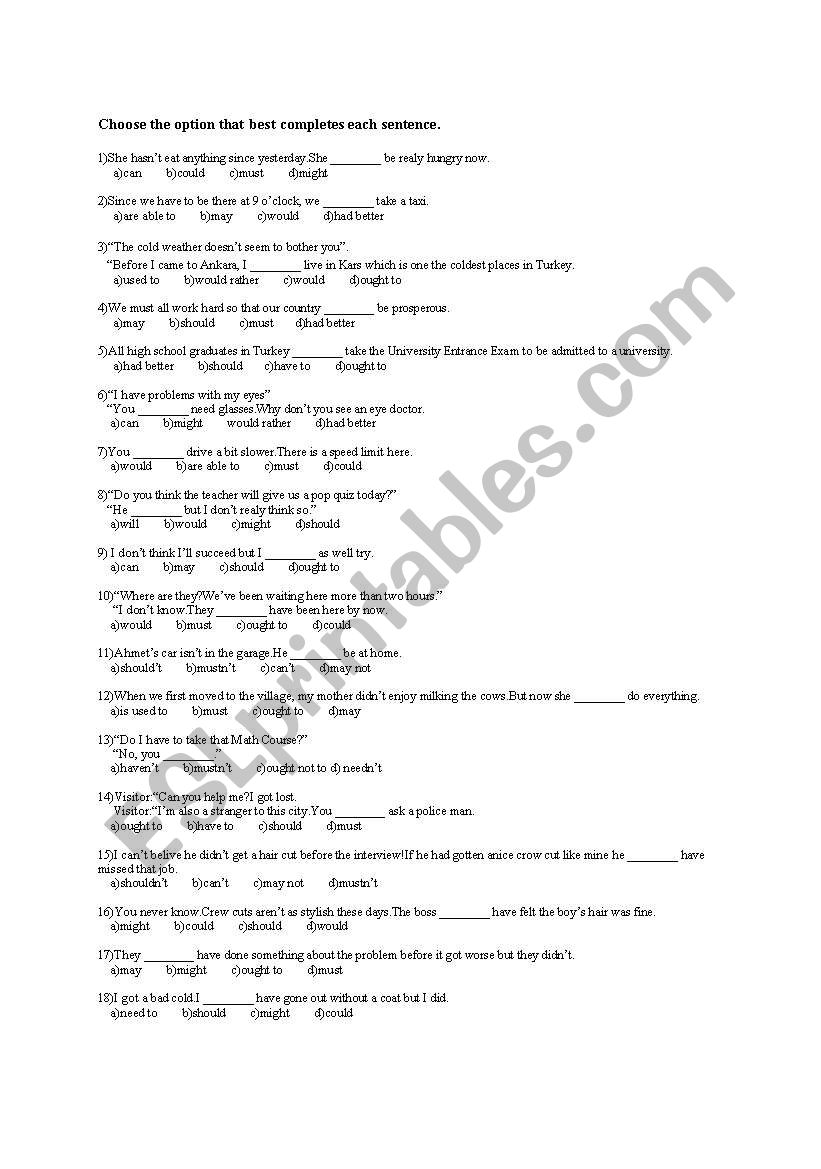 Review of  Modals worksheet