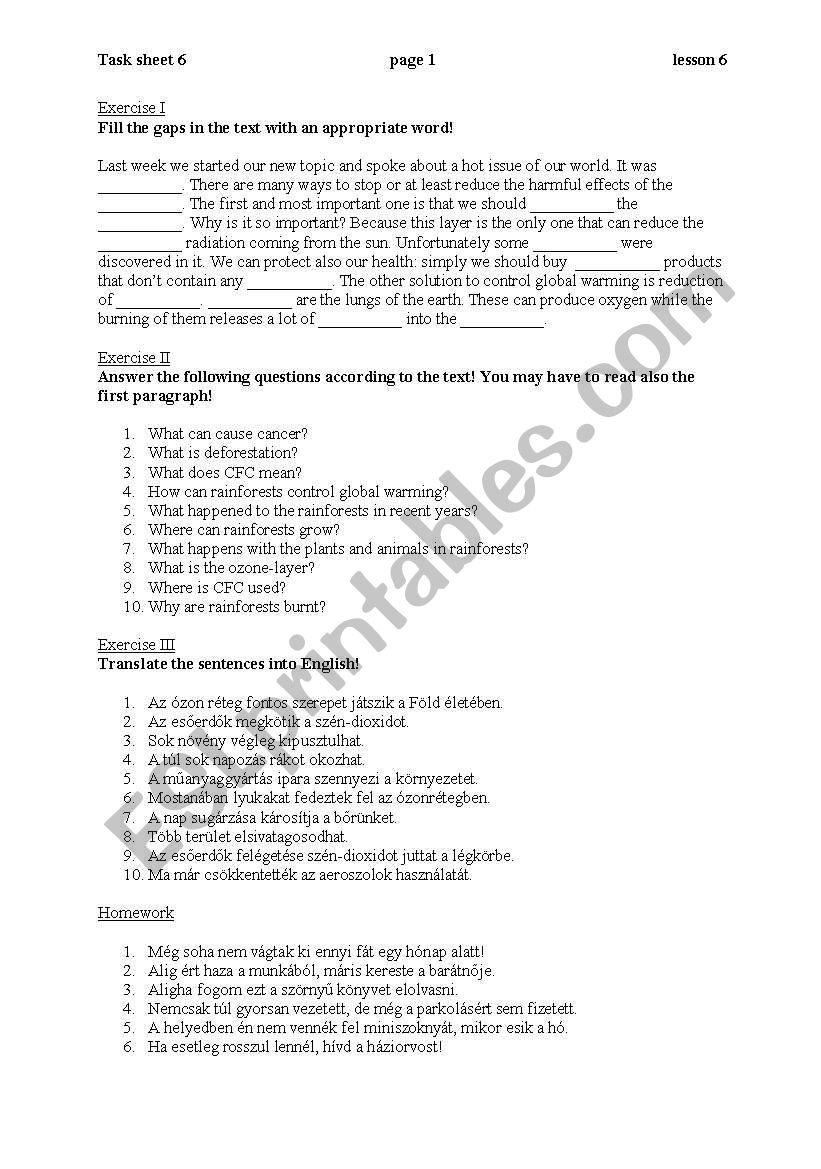 Worksheet on environmental pollution