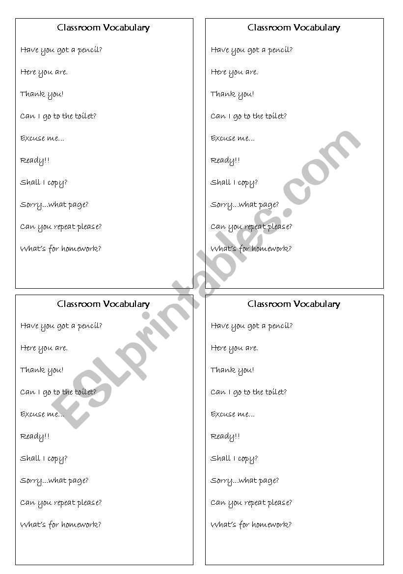 Classroom vocabulary worksheet