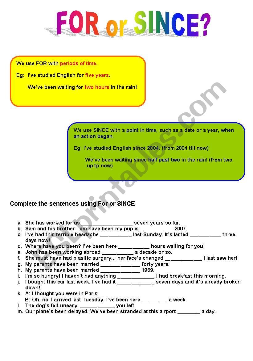 For or Since? worksheet