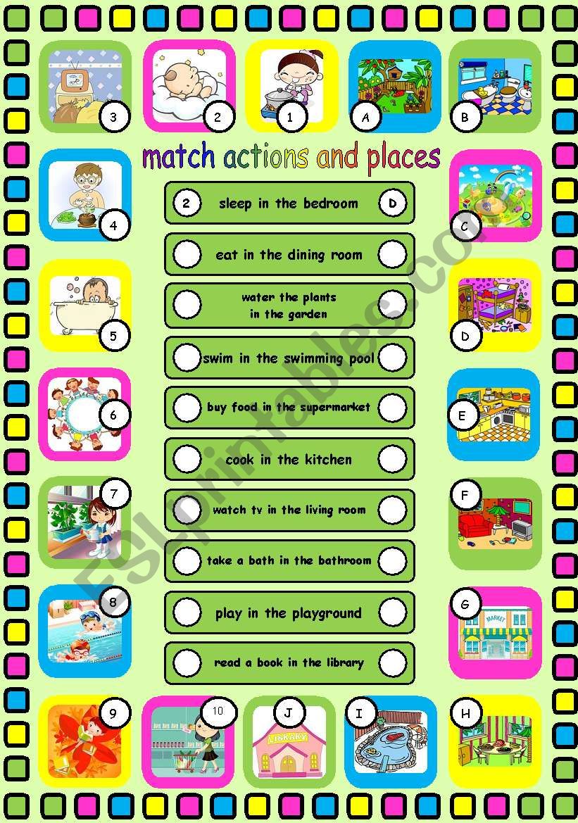 Actions and places. Editable worksheet
