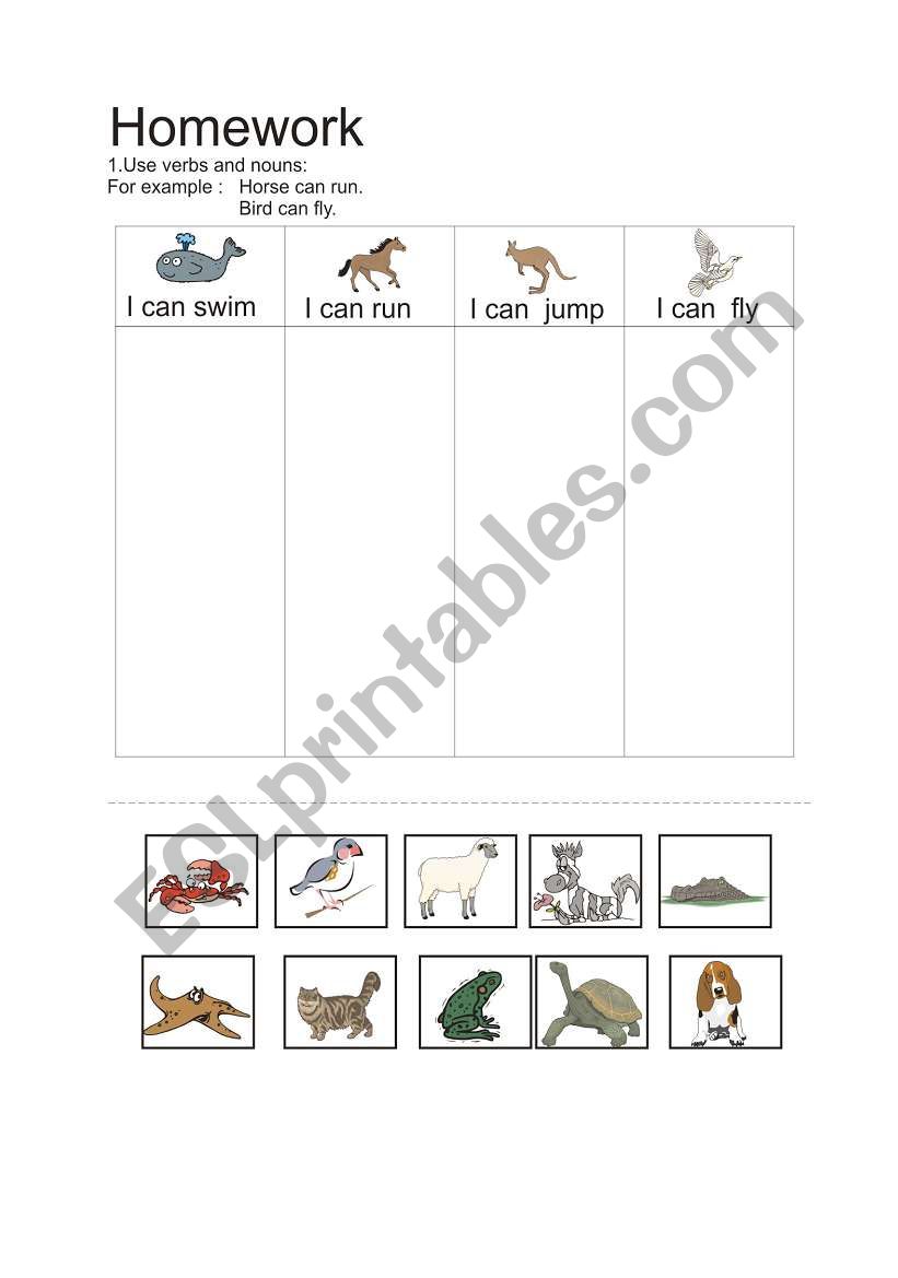 Animals and modal ver can worksheet