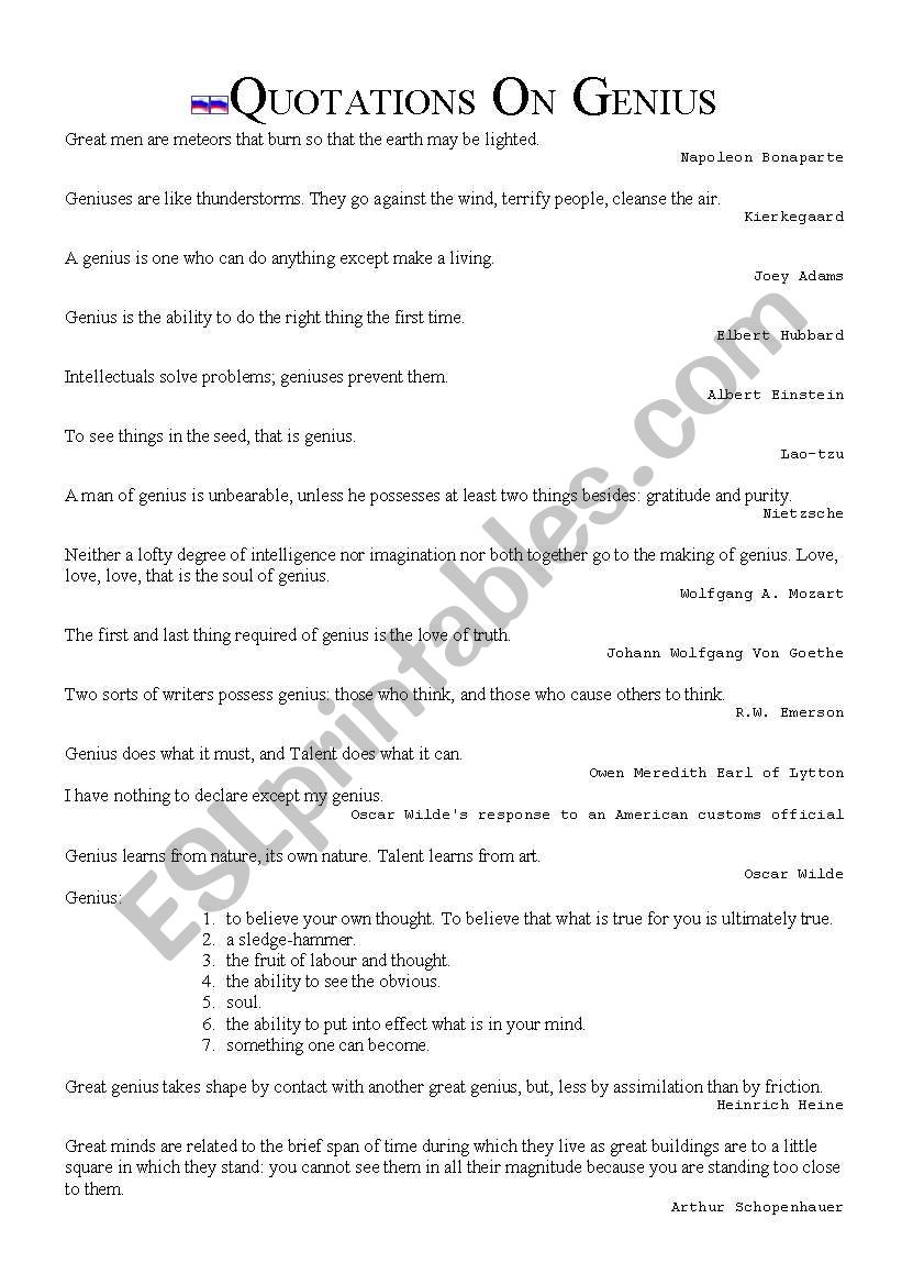 Quotations on Genius worksheet