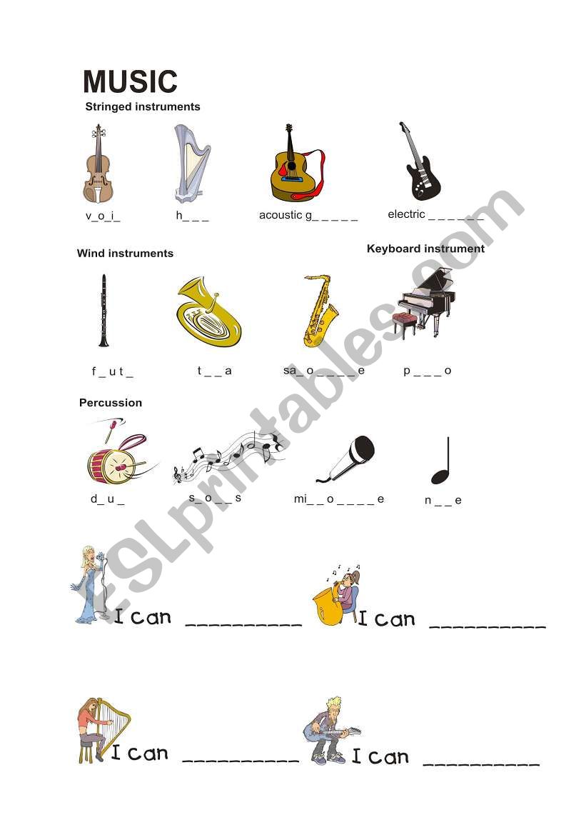 musical instruments and music worksheet