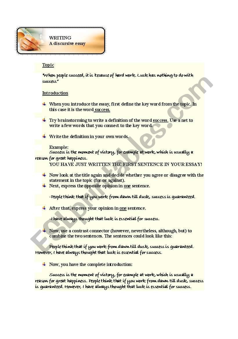 Writing a discursive essay - ESL worksheet by devasa30