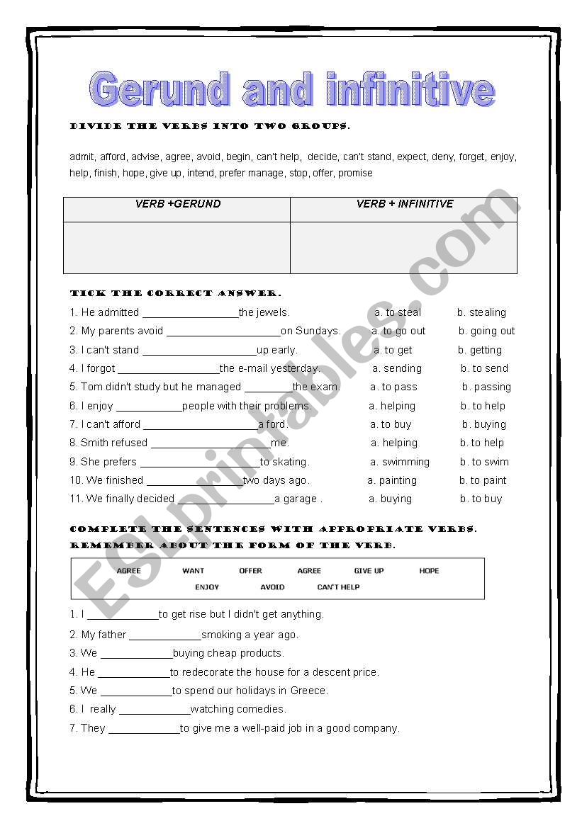 Gerund and infinitive worksheet