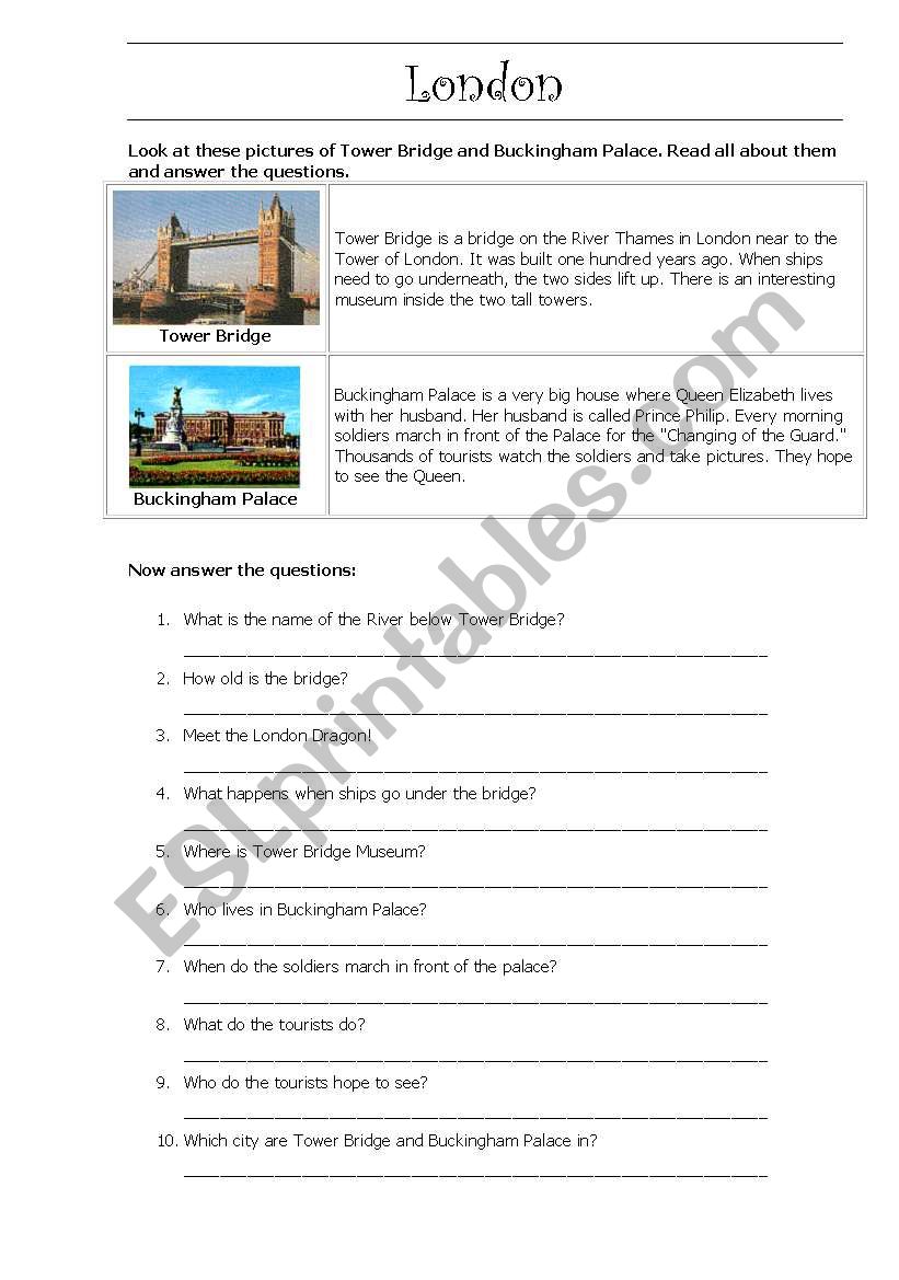 London Tour worksheet