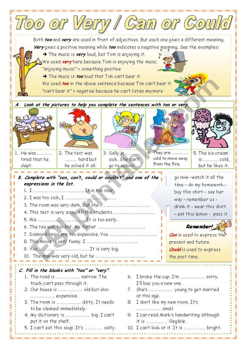 Too or Very / Can or Could worksheet Too or Very / Can or Could worksheet