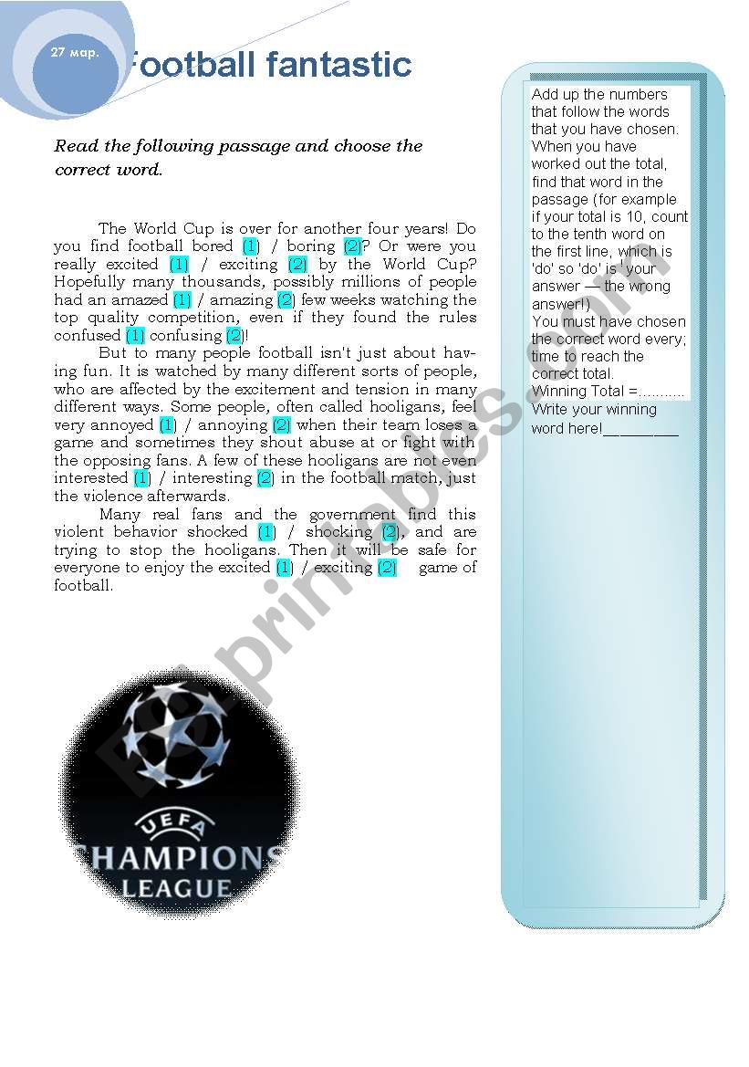 Football fantastic worksheet